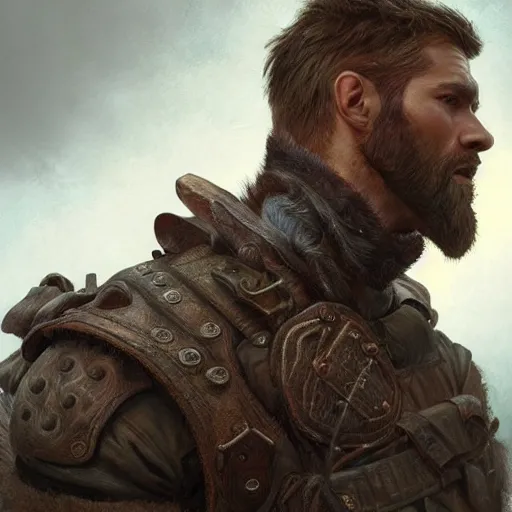 Image similar to portrait of a rugged ranger, 2 5 years old, handsome, muscular, upper body, leather, hairy torso, d & d, fantasy, intricate, elegant, highly detailed, digital painting, artstation, concept art, smooth, sharp focus, illustration, art by artgerm and greg rutkowski and alphonse mucha