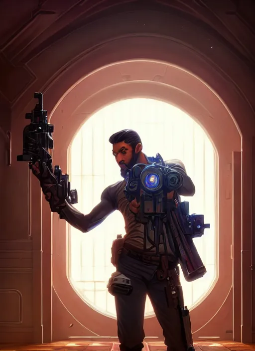 Prompt: man stands with a blaster at the door, dark room, side profile centered, by artgerm, cushart krenz, greg rutkowski, james jean. art nouveau. gloomhaven, swirly vibrant ripples, gaudy colors, sharp edges. ultra clear detailed. 8 k. elegant, intricate, octane render