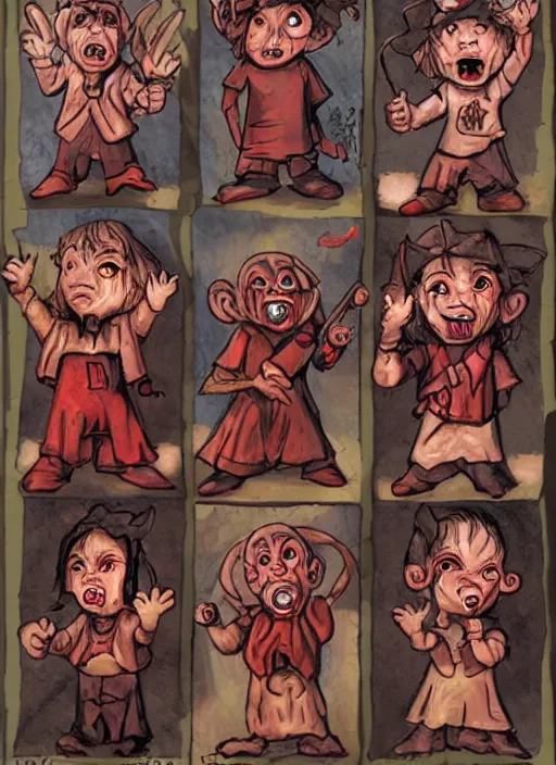 Image similar to demonic munchkins possessed by the devil, in the style of brom