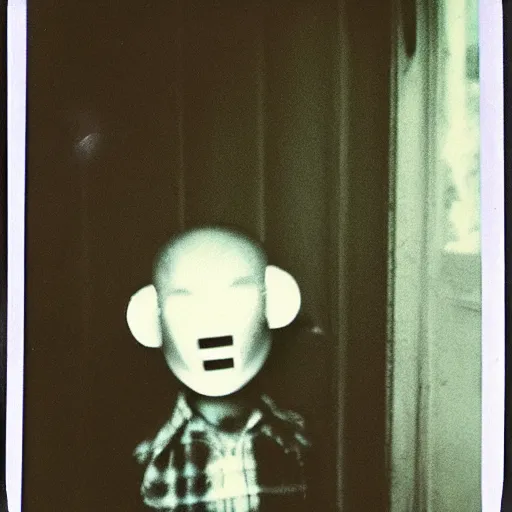 Prompt: found polaroid on a table. picture of a young child with a scary mask on a front porch. dark and spooky, flash photography
