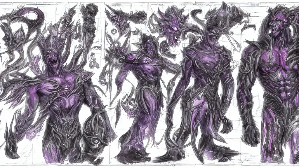 Image similar to a fantasy muscular Bright cosmic void ghost demon with two heads and a long tail character design sheet, trending on artstation