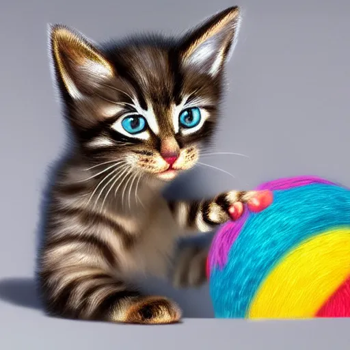 Prompt: beautiful digital realistic painting of a cute kitten playing with a ball of yarn painted by Alexander Jansson, colorful,4k unreal engine, Trending on artstation