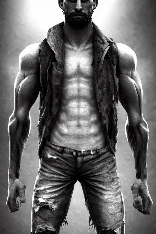 Image similar to a single muscular man wearing torn clothes, looking to the right, profile picture, hyperrealistic, concept art, octane render, unreal engine 5, trending on artstation, high quality, highly detailed, 8 k, dramatic lighting, cinematic, high coherence, anatomically correct, five fingers, digital art, seductive, black and white, big beard