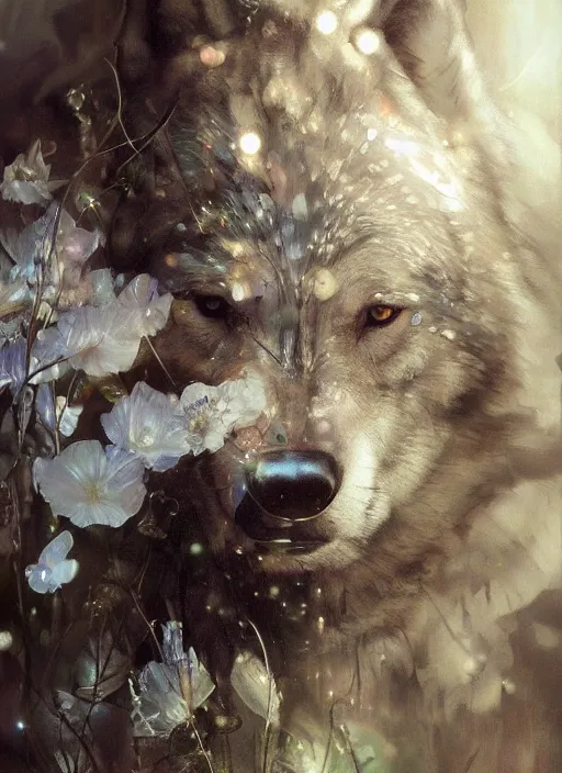 Image similar to wolf hyperrealistic portrait, surrounded by silver wires, dripping moonstone and white nightshade flowers, by jeremy mann and alphonse mucha, fantasy art, photo realistic, dynamic lighting, artstation, poster, volumetric lighting, dramatic light, very detailed faces, 8 k, award winning