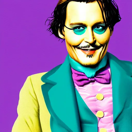 Image similar to portrait of johnny depp without mustache and beard as willy wonka, highly detailed, centered, solid color background, digital painting