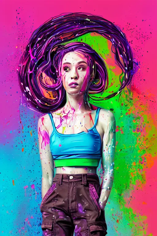 Image similar to a award winning half body portrait of a beautiful woman in a croptop and cargo pants with ombre purple pink teal hairstyle and hands in pockets by ari liloan, surrounded by whirling illuminated lines, paint splashes and splatter, outrun, vaporware, shaded flat illustration, digital art, trending on artstation, highly detailed, fine detail, intricate