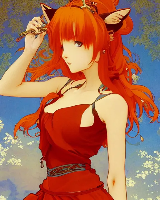 Image similar to A cute painting of a very very beautiful anime skinny foxgirl with curly orange colored hair and fox ears on top of her head wearing a nice red dress with quake 3 symbolic looking at the viewer, elegant, delicate, soft lines, higly detailed, smooth , pixiv art, ArtStation, artgem, art by alphonse mucha Gil Elvgren and charles reid, high quality, digital illustration, concept art, long shot