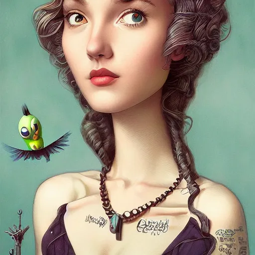 Image similar to Lofi portrait with bird, Pixar style by Joe Fenton and Stanley Artgerm and Tom Bagshaw and Tim Burton