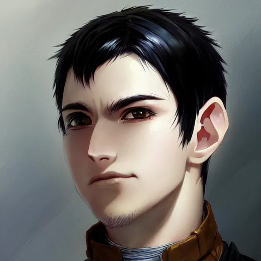 Prompt: An anime portrait of a man with buzzed wavy black hair, brown eyes, stubble, medium shot, whole head, by Stanley Artgerm Lau, WLOP, Rossdraws, James Jean, Andrei Riabovitchev, Marc Simonetti, and Sakimi chan, trending on artstation