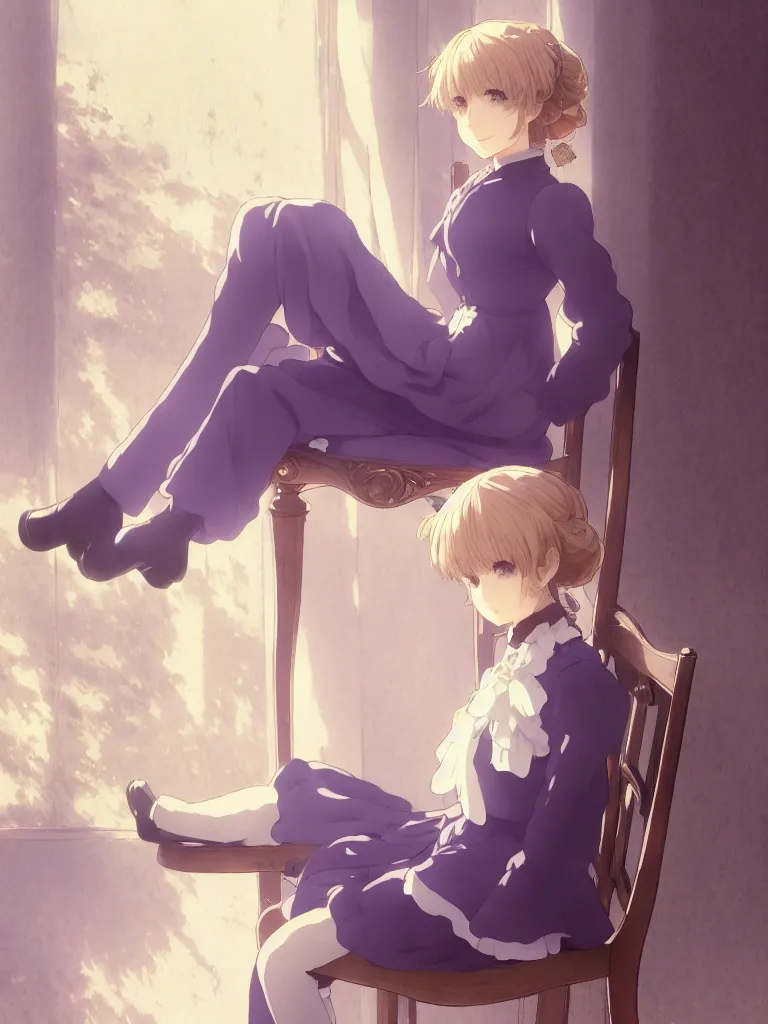 Image similar to a character portrait of violet evergarden, sitting down on a chair in a victorian home background, style of kyoto animations, trending on pixiv, anime, high detail, character accurate