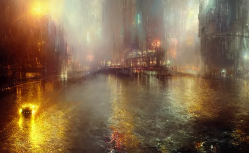 Image similar to an urban train rides inside of a waterway on a fantasy city. by artstation trending, by joseph mallord william turner, luis royo, konstantin razumov, cinematic lighting, fractal flame, highly detailed