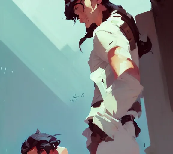 Image similar to portrait jayce and viktor by atey ghailan, by greg rutkowski, by greg tocchini, by james gilleard, by joe fenton, by kaethe butcher, by ashley wood, dynamic lighting, gradient light blue, brown, blonde cream and white color scheme, grunge aesthetic