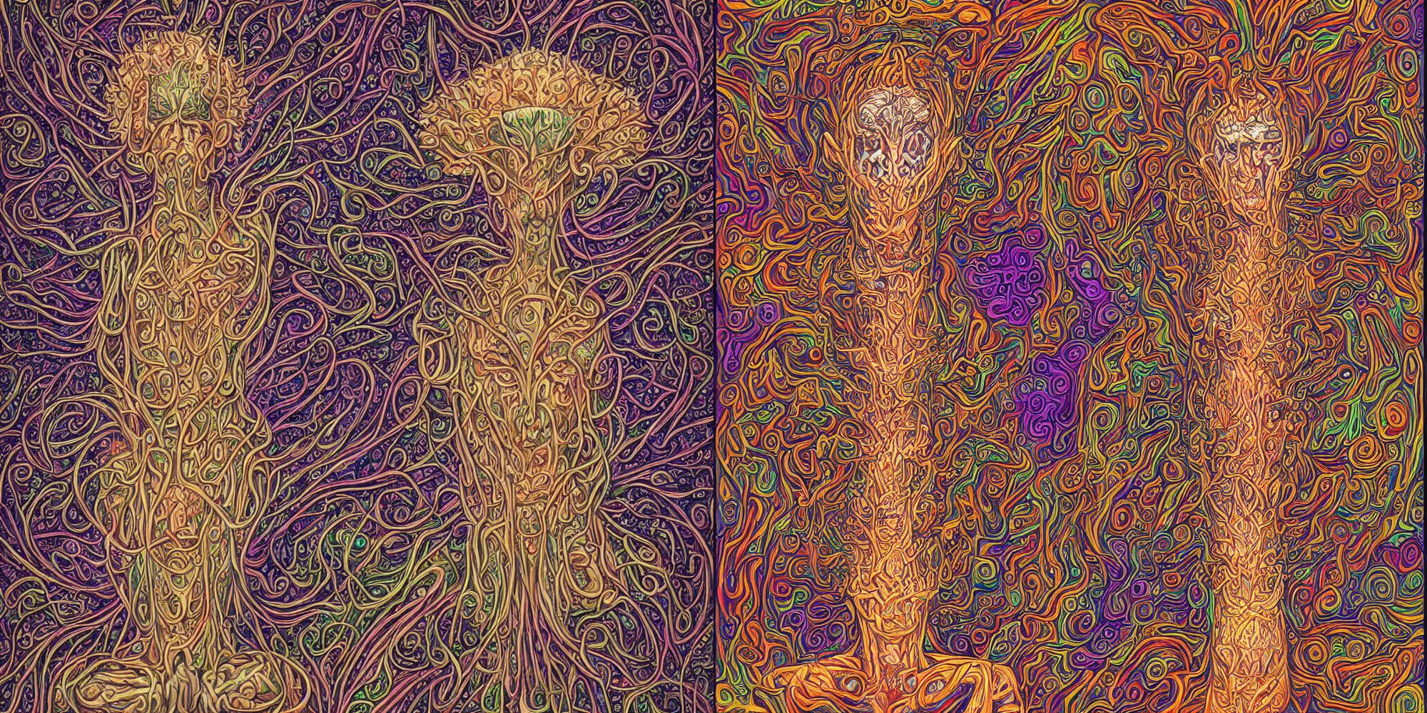 Prompt: Mushroom God by Alex Grey