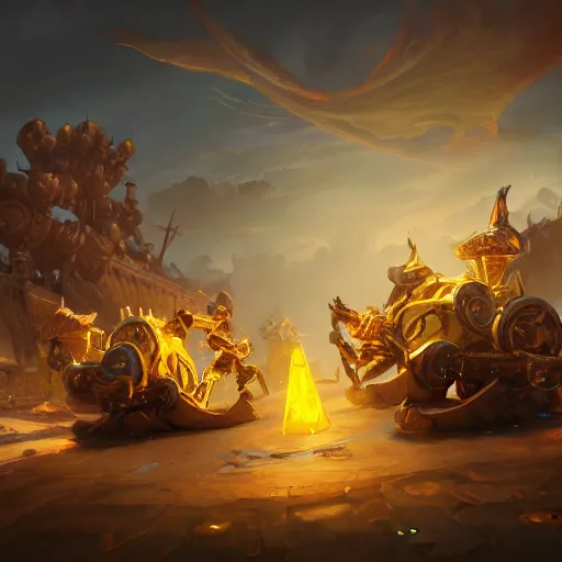 Image similar to a golden battle chariots, yellow magic theme, bright art masterpiece artstation. 8 k, sharp high quality artwork in style of jose daniel cabrera pena and greg rutkowski, concept art by tooth wu, blizzard warcraft artwork, hearthstone card game artwork, cart wheels