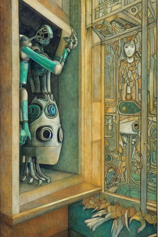 Prompt: the robot wearing her bone crown stands by the window , by Annie Swynnerton and Diego Rivera and Elihu Vedder, symbolist, dramatic lighting, elaborate geometric ornament, Art Brut, soft blues and greens,smooth, sharp focus, extremely detailed, Adolf Wölfli and Evelyn De Morgan
