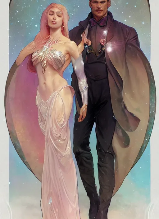 Prompt: a couple made of sparkling crystal, a man and a woman, diamond and rose quartz, full body view, beautiful high quality realistic fantasy art, trending on artstation by artgerm and greg rutkowski and alphonse mucha