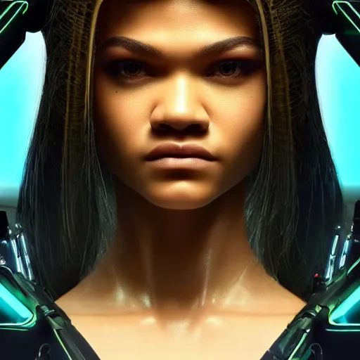 Image similar to full-length portrait of beautiful cyber beautiful Zendaya, cyberpunk, close-up, photorealistic, octane render, 35mm, beautiful big symmetric eyes, coherent, 4k, Unreal Engine, intricate details, concept art, volumetric lighting, trending or artstation, award winning, beautiful scenery, ray tracing