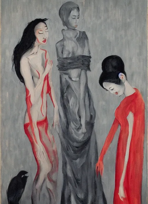 Image similar to a painting of gorgeous asian girls, frozen cold stare, blood red background, transparent gray dress, crows with red eyes looking inwards as a symbol of death, in style of Edward Hopper, John Singer Sargant, Chaim Soutine, surrealism of Francis Bacon, American Gothic, 8k, ultradetailed