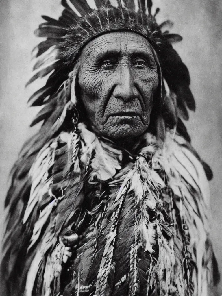 Prompt: a faded old black and white wet plate photo of an american indian chief,