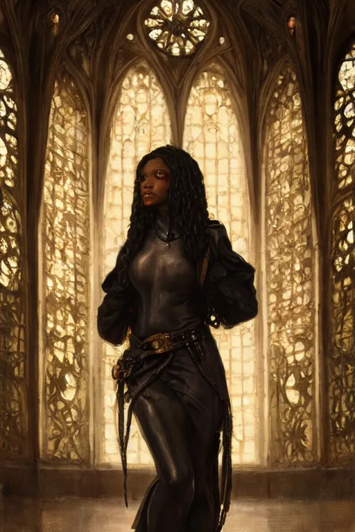 Prompt: breathtaking detailed soft painting of a black girl in leather clothes, in an art nouveau medieval cathedral, rembrandt style, elegant, highly detailed, artstation, concept art, matte, sharp focus, art by tom bagshaw, kelogsloops and greg rutkowski