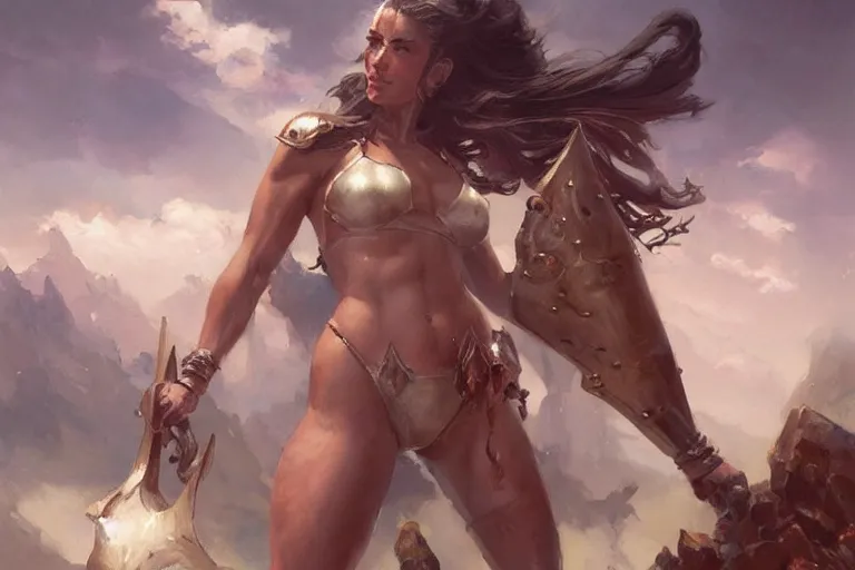 Image similar to A beautiful oil painting of a pretty girl in bikini armor, by Lucas Graciano, Frank Frazetta, Greg Rutkowski, Boris Vallejo, epic, fantasy, character art, high fantasy