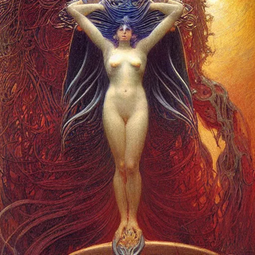 Prompt: a painting of alien goddess by gustav moreau, jean delville and  Gaston Bussiere