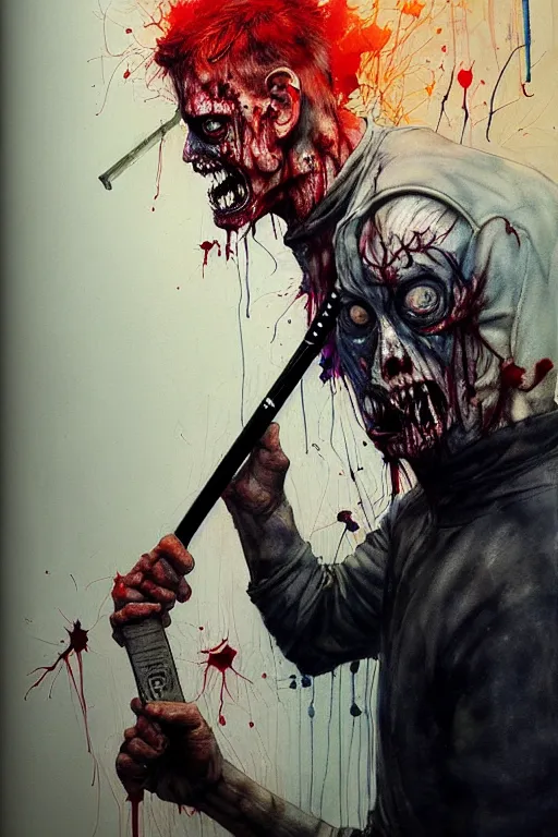 Image similar to zombie policeman beating up a gang member with his baton by agnes cecile, enki bilal, brian froud, bernie wrightson, intricated details, 3 / 4 view, full body portrait, extremely luminous bright design, horror, pastel colours, toxic drips, autumn lights