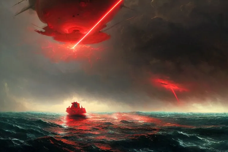 Prompt: A beautiful matte painting of huge spherical alien spaceship attacking with powerful red lasers Ship in ocean in thunderstorm by Greg Rutkowski and Ivan aivazovsky