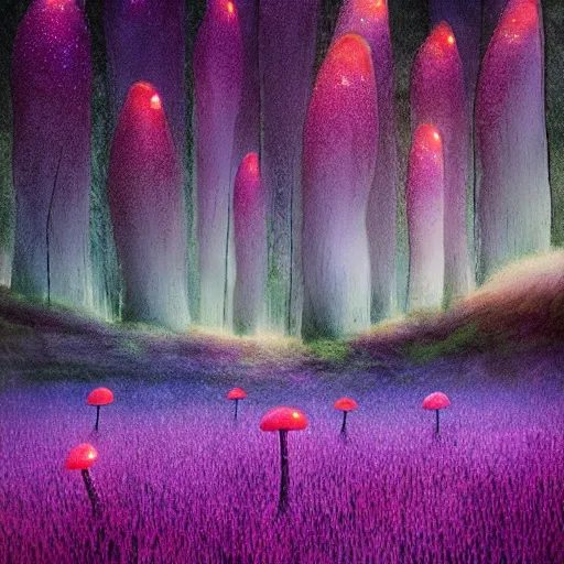 Image similar to field of tall luminescent pink and blue mycena fungi, emitting spore clouds, midnight, moonlight, fantasy art, mysterious, magical, hyperrealistic, detailed, soft lighting, fireflies