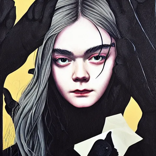Prompt: Elle Fanning surrounded by black crows picture by Sachin Teng, asymmetrical, dark vibes, Realistic Painting , Organic painting, Matte Painting, geometric shapes, hard edges, graffiti, street art:2 by Sachin Teng:4