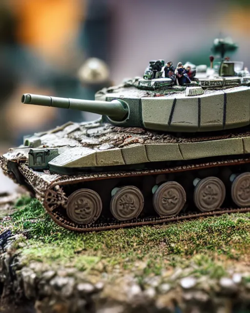 Image similar to high quality presentation photo of a detailed miniature diorama of a tank battle with miniature soldiers, photography 4k, f1.8 anamorphic, bokeh, 4k, Canon, Nikon