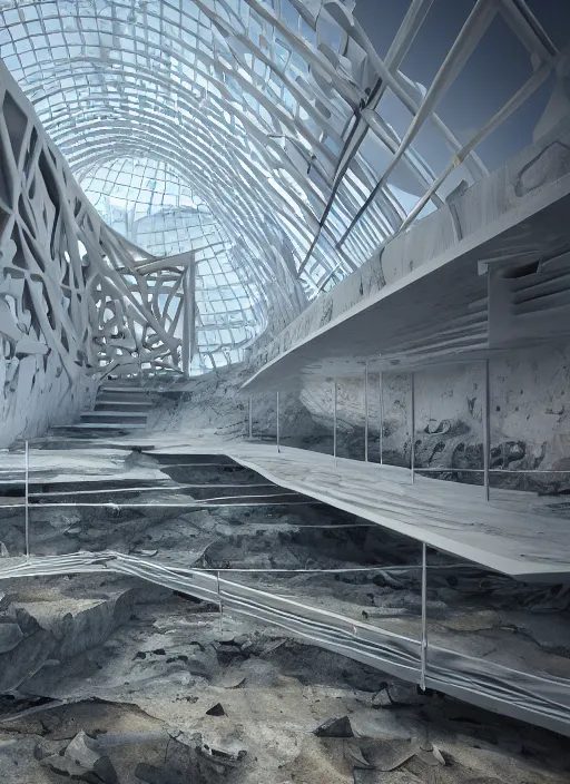 Image similar to virtual art exhibition, architecture installation in biennale venezia, bioremediation white mining tailing futuristic horizontal architecture, epic, cinematic, hyperealistic, high detailed, corona render, hdr, ray tracing