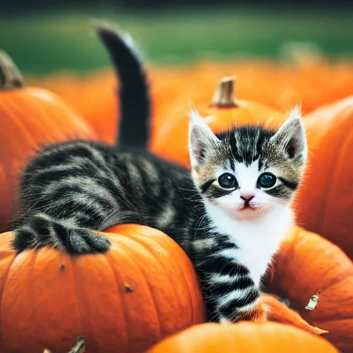 Prompt: adorable kitten sitting on a pumpkin in a field of pumpkins, cinematic lighting, autumn