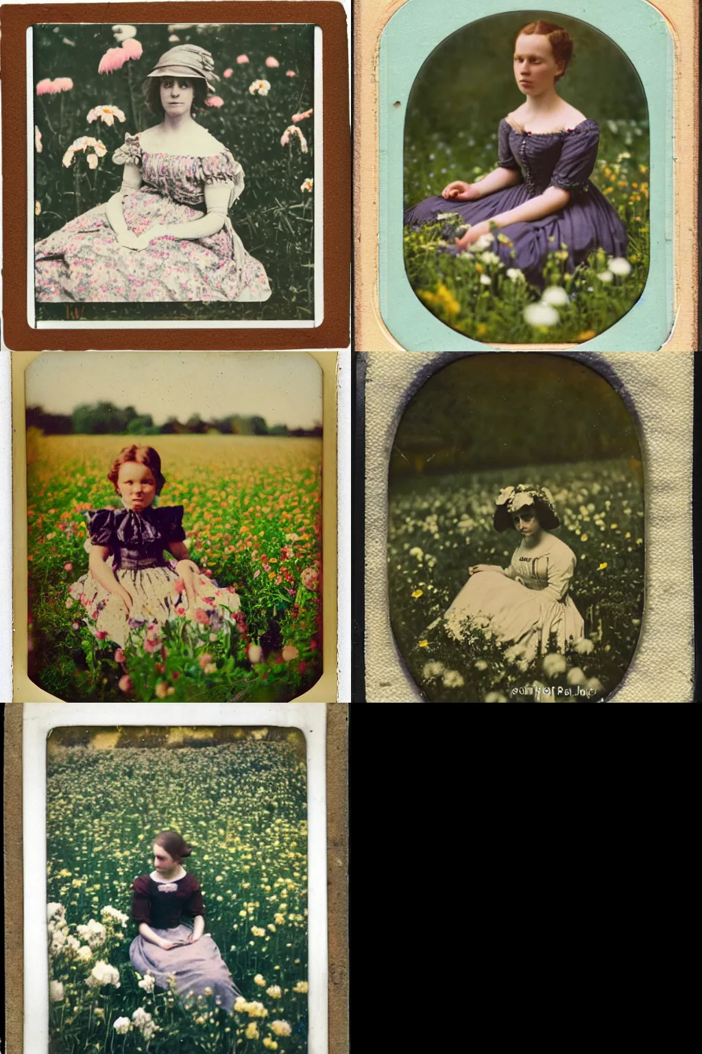 Prompt: sleepy girl in 19th centuries dress sitting in flowers field, polaroid