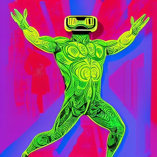 Image similar to wrestlers wearing vr headsets, vr goggles, shrugging, shrugging arms, intricate complexity, inverted neon rainbow drip paint, trending on art station, digital illustration by matthew skiff