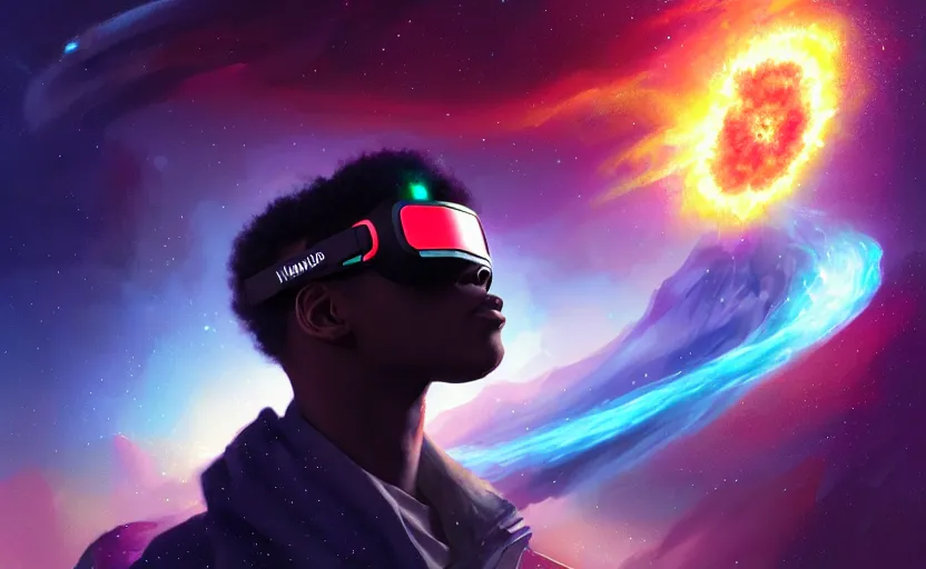 Image similar to handsome black genius hacking the metaverse, vr headset, holographic keyboard and curved digital holographic displays, floating through spacetime, exploding nebulae, highly detailed, digital painting, artstation, concept art, smooth, sharp focus, illustration, art by wlop, mars ravelo and greg rutkowski