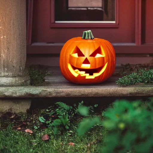 Image similar to movie still of a jack o lantern on the front porch of a house in the woods