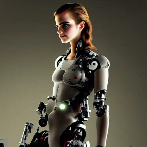 Image similar to young lady cyborg like emma watson, bioorganic concept, beautiful face, full body,