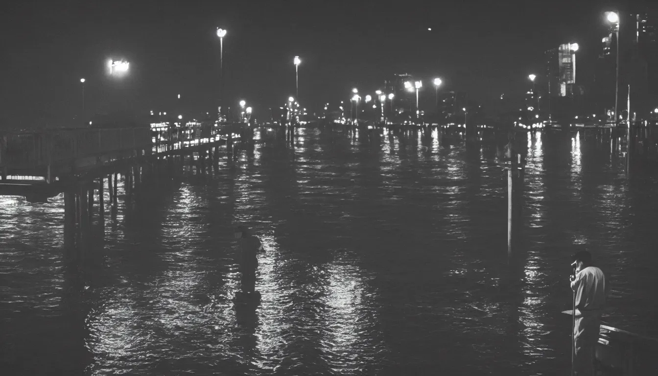 Image similar to 80s asian neon movie still with a lone man fishing on a pier by the river at night with city lights behind his back. Fallen angels movie still. hyperrealistic, photorealistic, high definition, medium format photography, highly detailed, tehnicolor, anamorphic 50mm lens