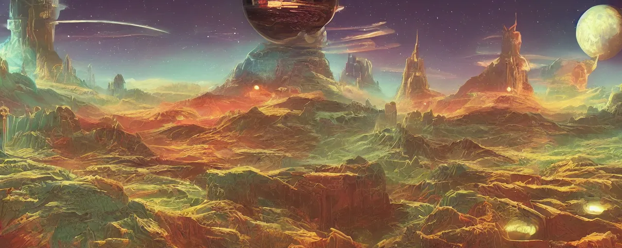 Prompt: retro sci-fi planetary fantasy landscape