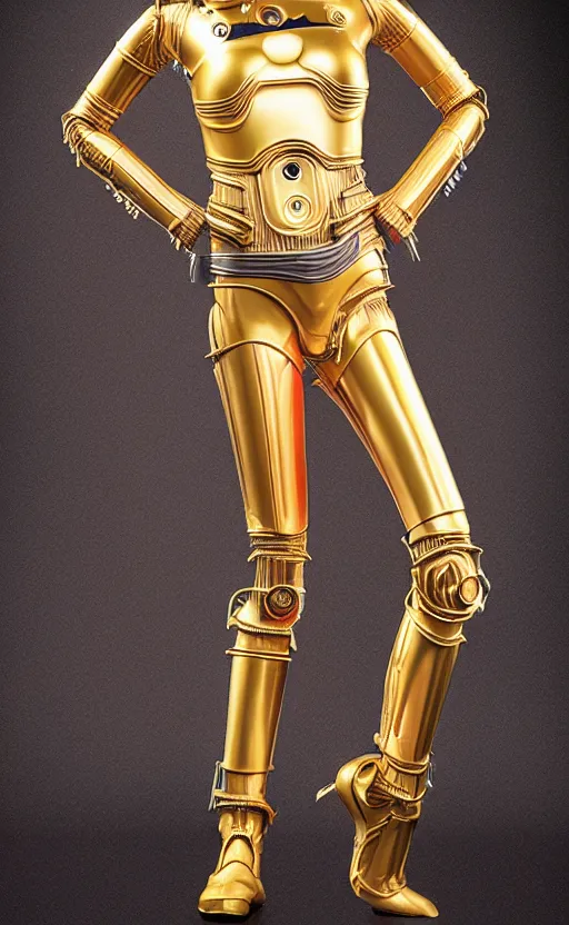 Image similar to female version of c 3 po, promotional photo, studio lighting