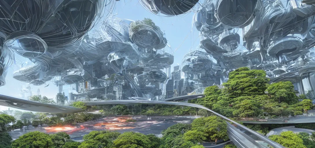 Prompt: highly detailed futuristic architecture by Kengo Kuma, holographic billboards, stylized vegetation, sky bridges, ground-level view, foggy atmosphere, stunning sunny lighting, sunrise, vivid colors, in the style of pixar animation, trending on Artstation, 8k, matte painting, ray tracing, hyper detailed, unreal engine 5, cinematic, epic lighting, cryengine, octane render, cyberpunk, red and orange glow, vibrant