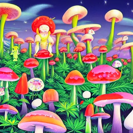 Prompt: cannabis magic mushrooms people advocating for their own freedom to grow pot plants in their backyards, colorful whimsical fantasy, by chiho aoshima