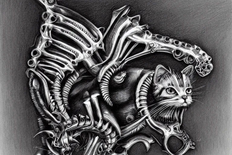 Prompt: Biomechanical kitten by H.R Giger