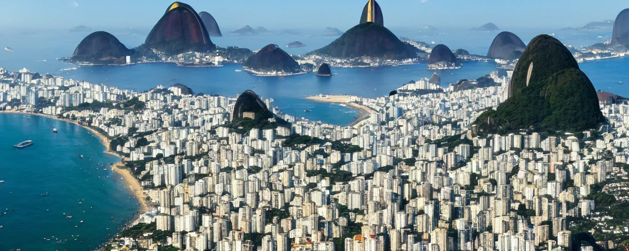 Prompt: hyperdetailed beautiful birds eye view of Copacabana beach, sugar loaf mountain, and Christ statue, in Rio de Janeiro anime by makoto shinkai, golden hour, dramatic lighting, very coherent symmetrical artwork high detail 8k