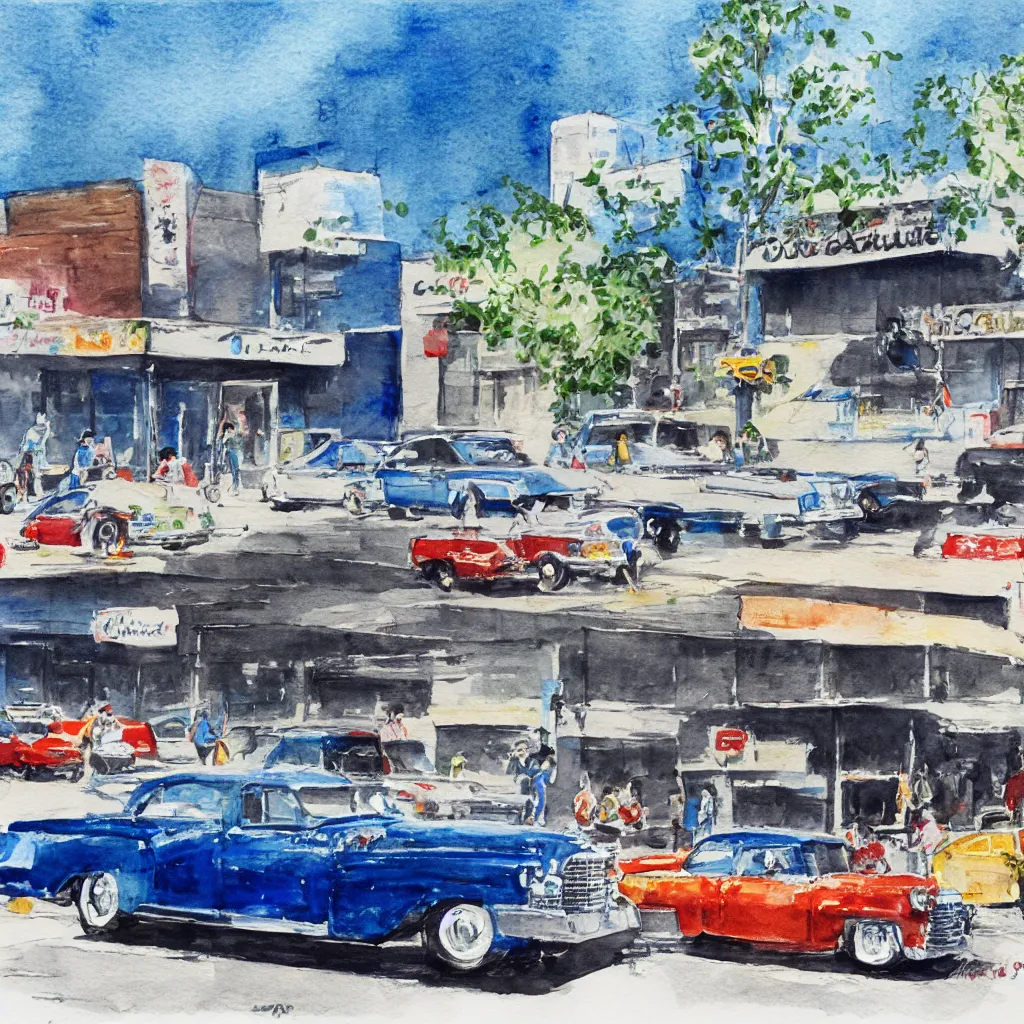 Image similar to 2 cadillacs, 1 blue and 1 white, parked in front of a 7 - 1 1 in downtown los angeles, vintage watercolor painting