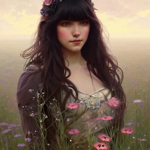 Image similar to a beautiful girl with dark hair and bangs, sitting in a field of flowers, fantasy, intricate, elegant, highly detailed, digital painting, artstation, concept art, matte, sharp focus, illustration, art by Artgerm and Greg Rutkowski and Alphonse Mucha