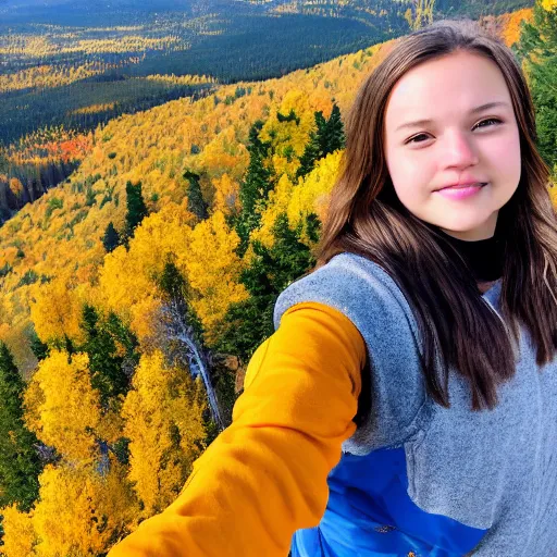 Image similar to a selfie of cute tomboyish girl taken on top of a mountain in Colorado, Aspen trees with Fall Colors in the background