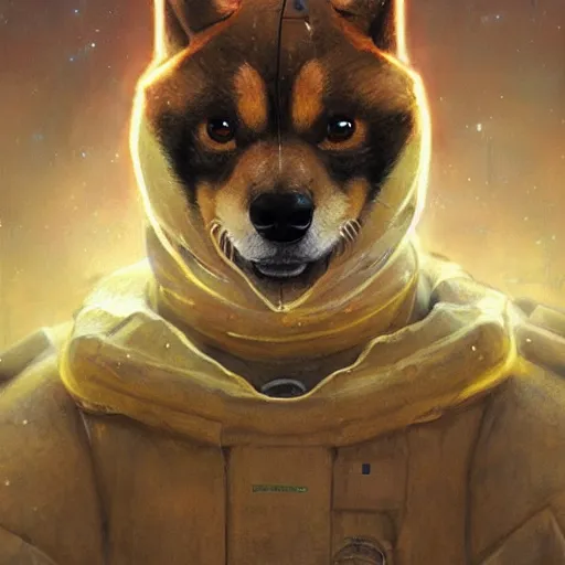 Image similar to realistic anthropomorphic shiba inu, in hazmat suit armor, fantasy science fiction, glowing electric aura, by donato giancola and greg rutkowski and wayne barlow and zdzisław beksinski, realistic face, visible face, digital art, artstation, symmetry