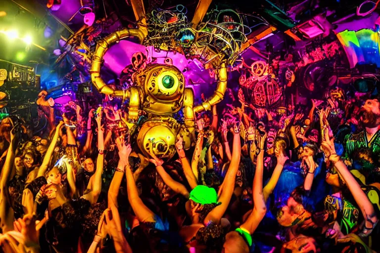 Image similar to scene is elrow party in amnesia in ibiza, portrait photo of a stagediving giant huge golden and blue metal steampunk robot, with gears and tubes, eyes are glowing red lightbulbs, audience selfie, shiny crisp finish, 3 d render, 8 k, insaneley detailed, fluorescent colors, haluzinogetic, background is multicolored lasershow